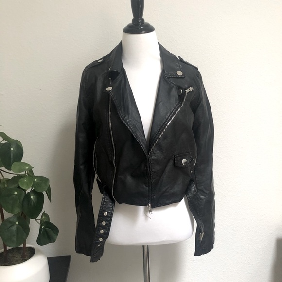 Jackets & Blazers - Black Vegan leather cropped Motorcycle jacket
